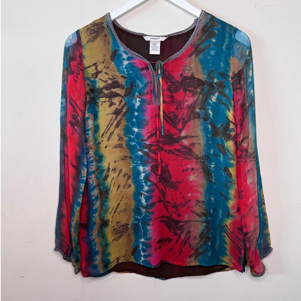 Vintage 90s Edward 100% Silk Tie Dye Long Sleeve Blouse Size; Small